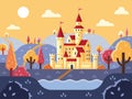 Fairytale landscape with castle. Fantastic magic castle or fairy house kingdom Fantasy palace tower Royalty Free Stock Photo